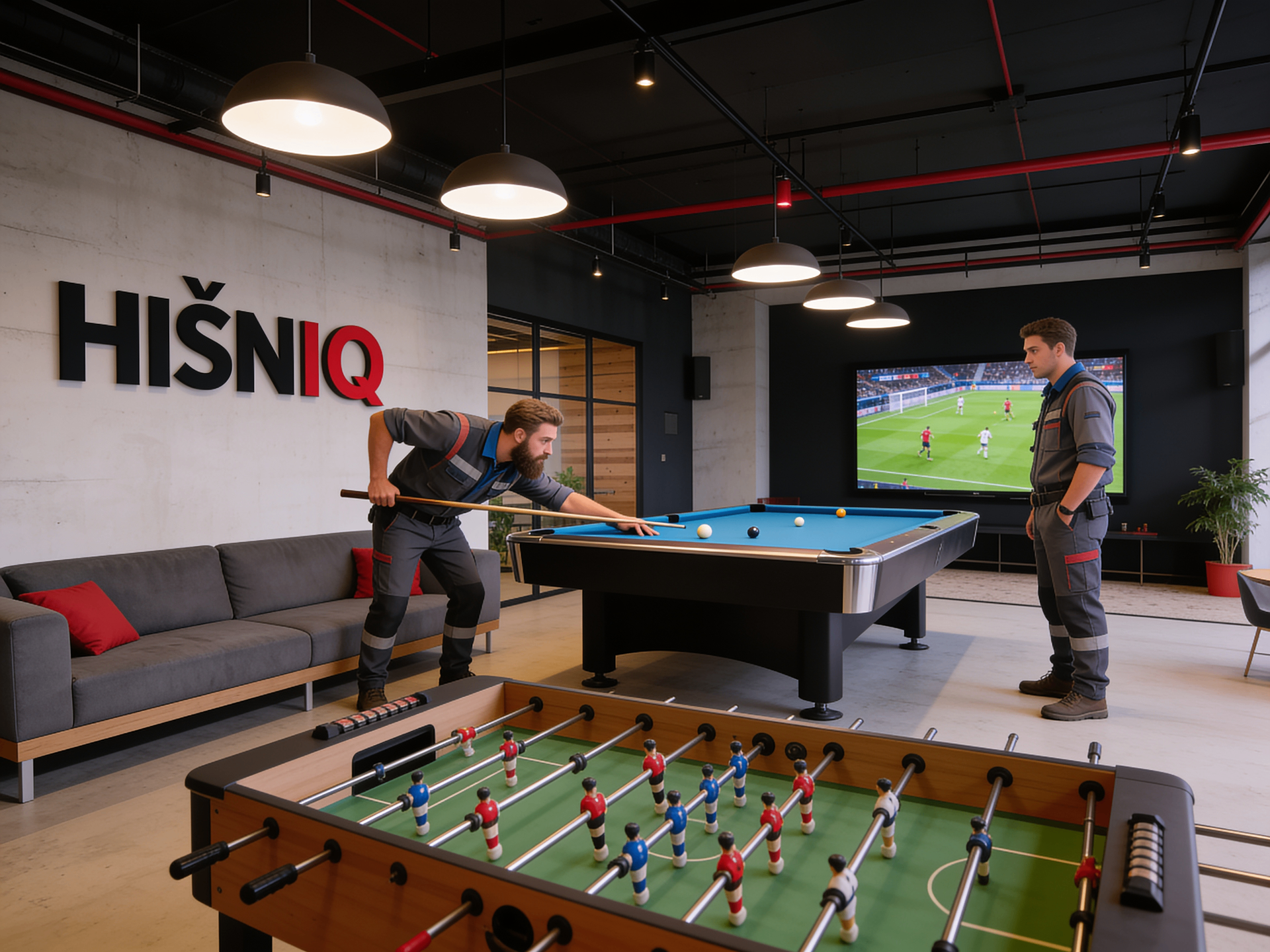 Lounge prostor HIŠNIQ Partner HUB z biljardom in namiznim nogometom